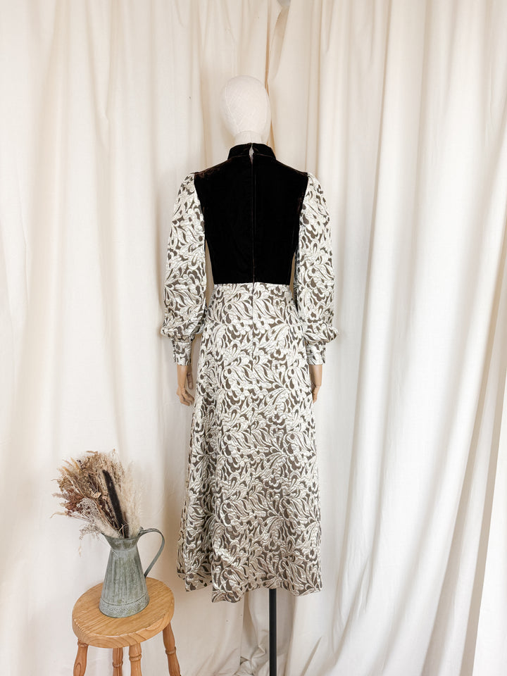 Stunning Rare 1970s Golden Brown Velvet and Brocade Maxi Dress by Clevaline