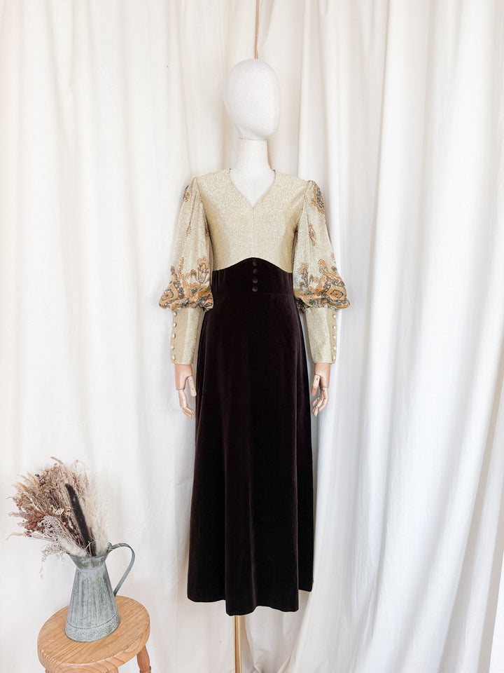 Stunning 1970s Gold Lurex and Velvet Maxi Dress