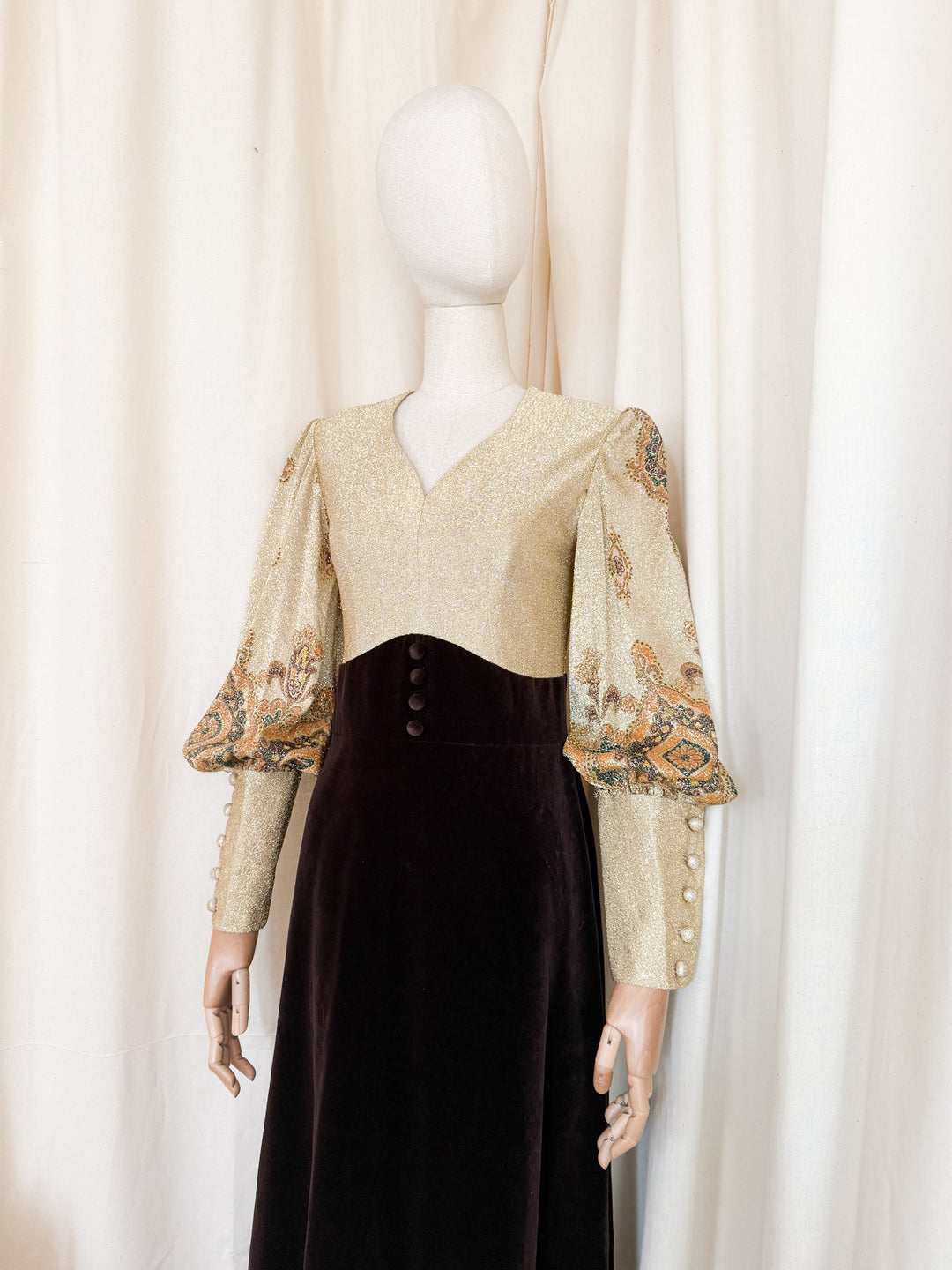 Stunning 1970s Gold Lurex and Velvet Maxi Dress