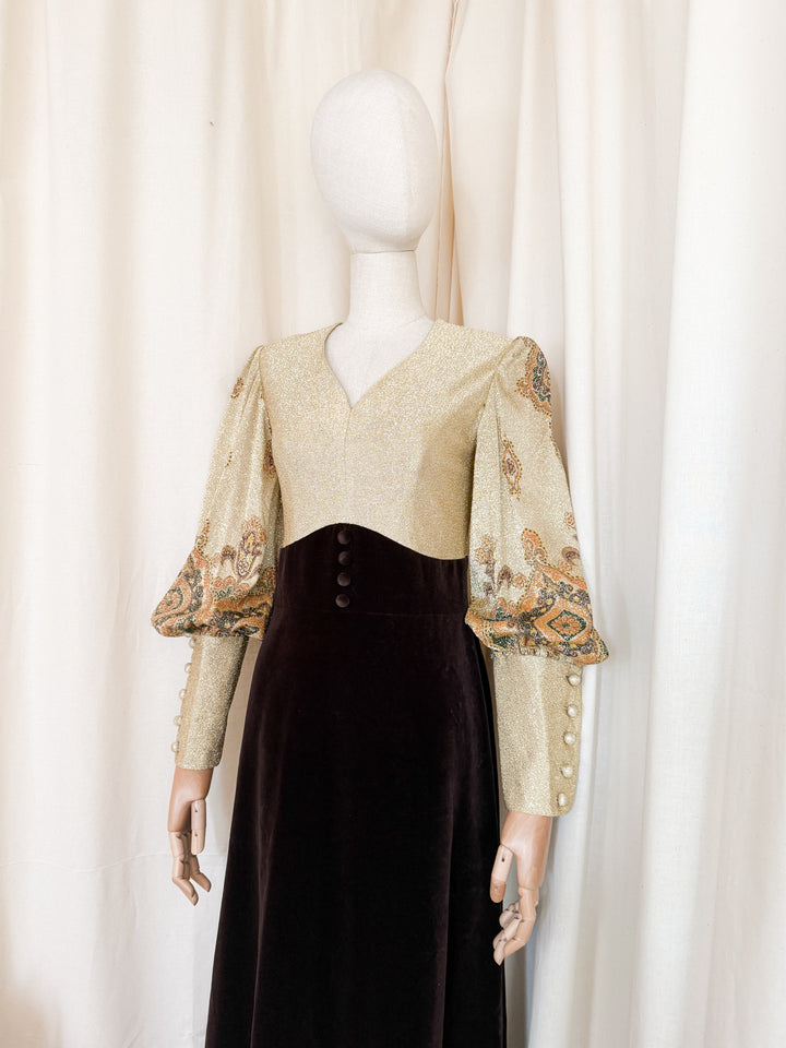 Stunning 1970s Gold Lurex and Velvet Maxi Dress