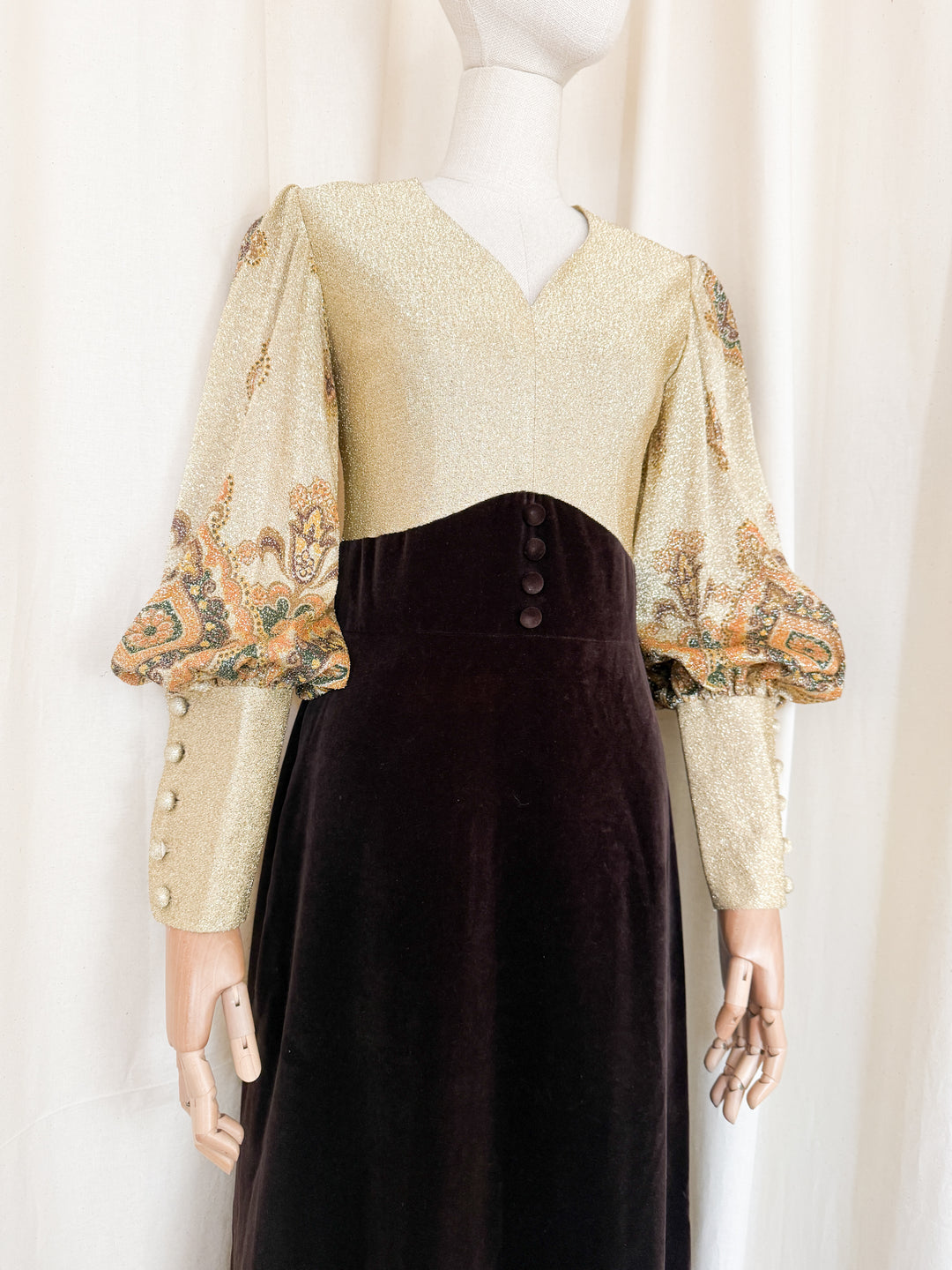 Stunning 1970s Gold Lurex and Velvet Maxi Dress