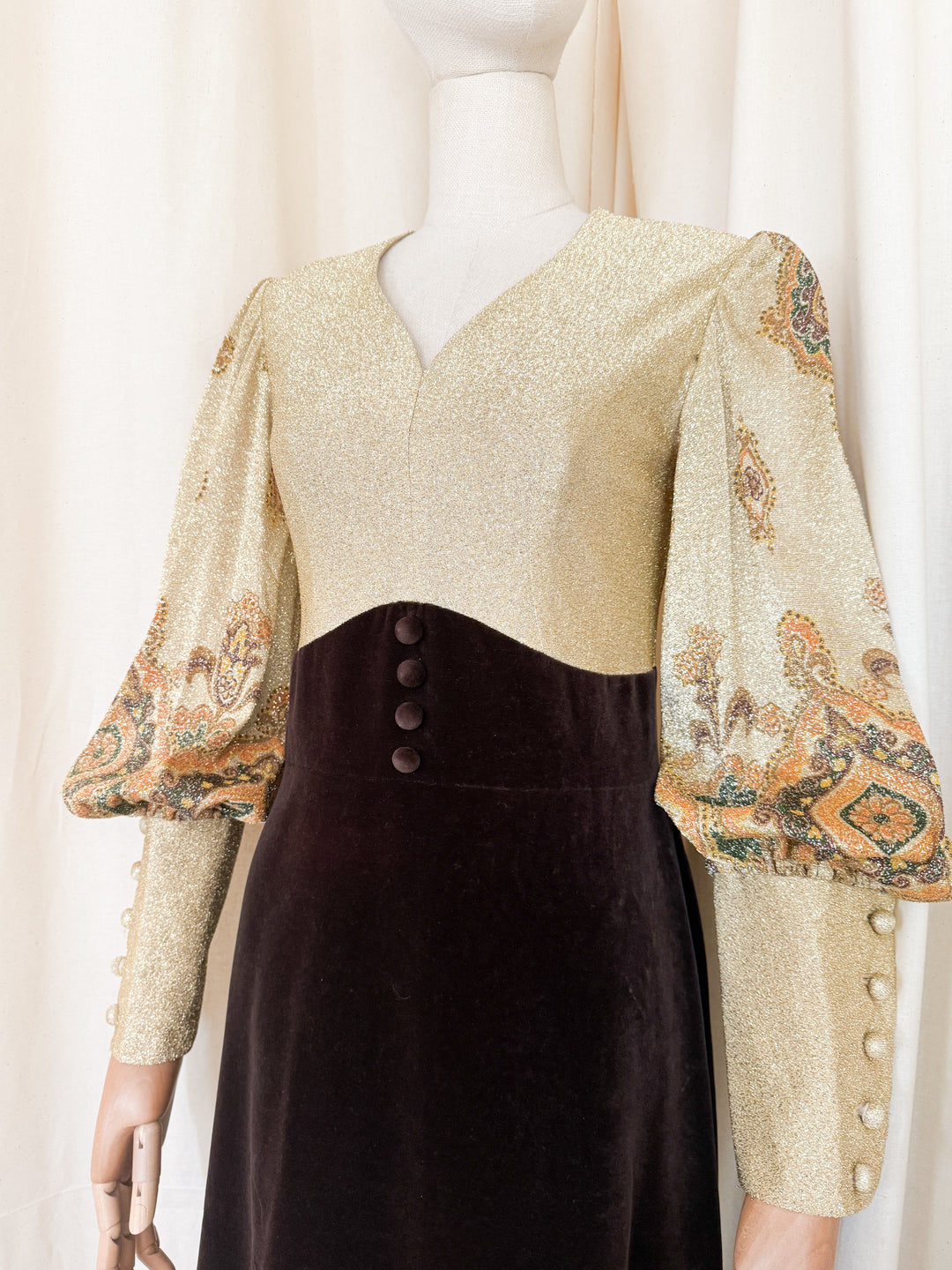 Stunning 1970s Gold Lurex and Velvet Maxi Dress