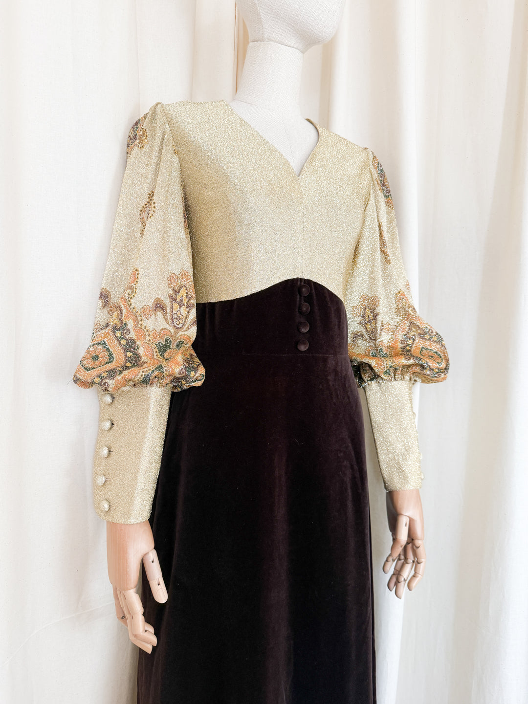 Stunning 1970s Gold Lurex and Velvet Maxi Dress