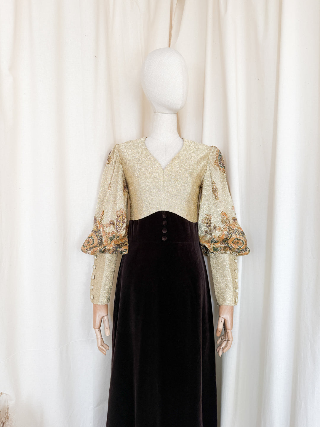 Stunning 1970s Gold Lurex and Velvet Maxi Dress