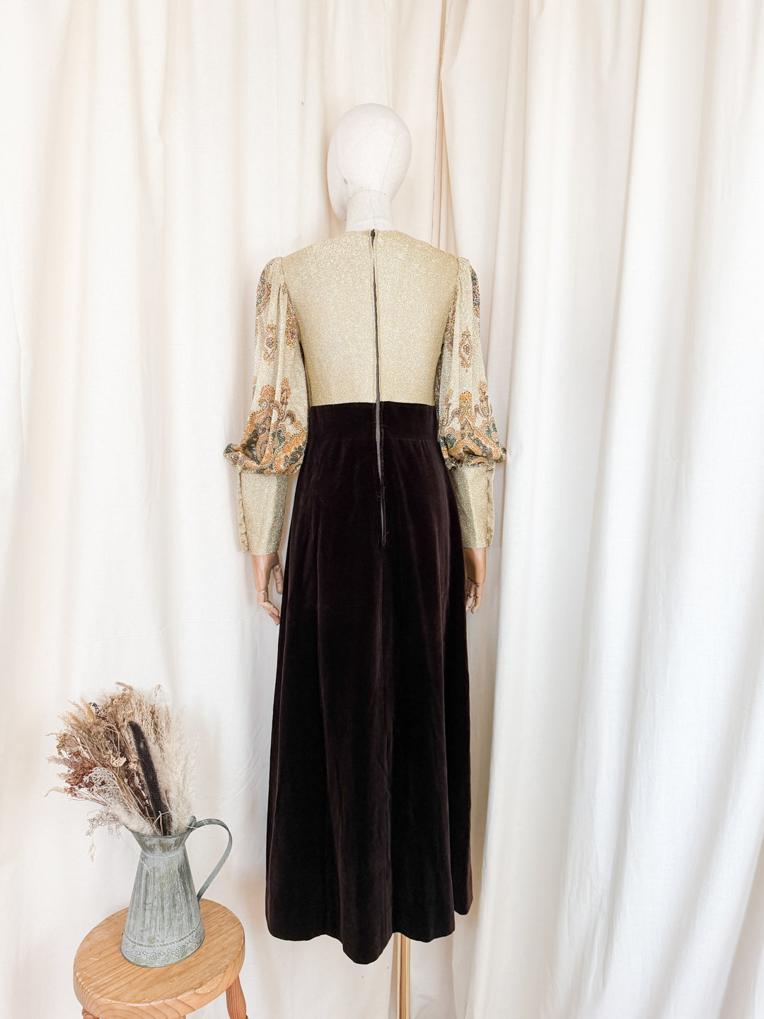 Stunning 1970s Gold Lurex and Velvet Maxi Dress
