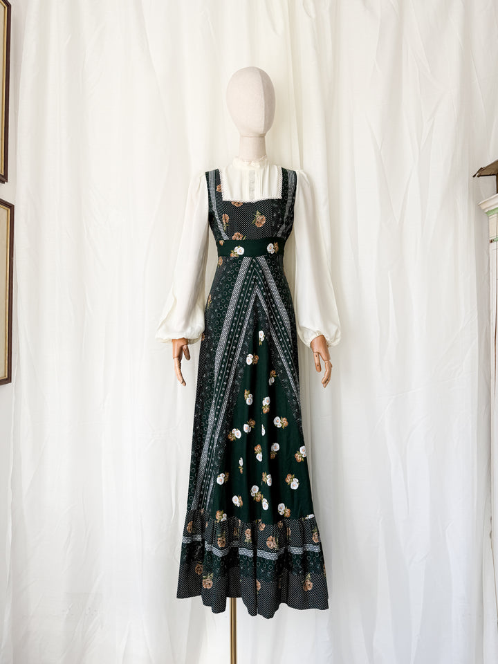 Stunning 1970s Green Floral Cotton Maxi Dress