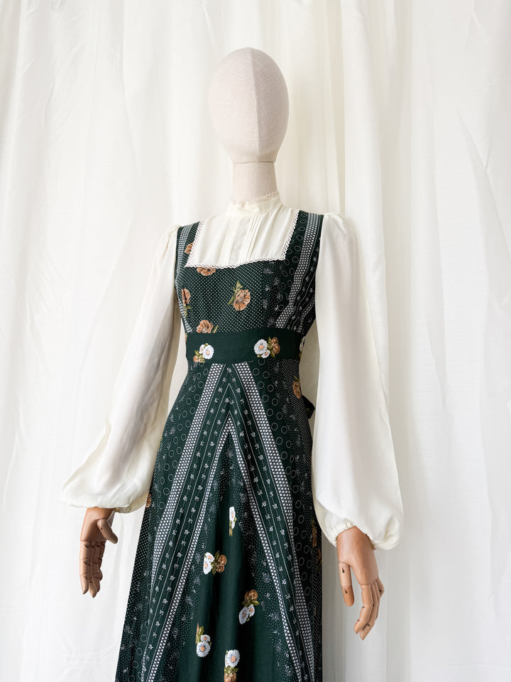 Stunning 1970s Green Floral Cotton Maxi Dress