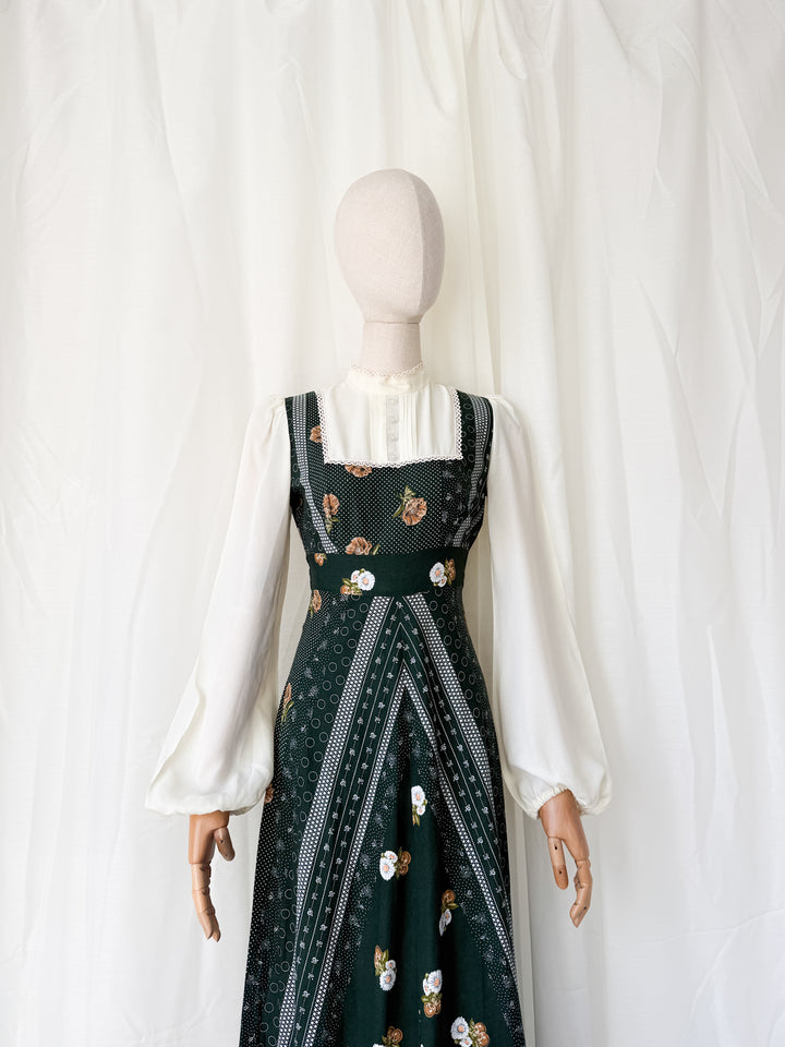 Stunning 1970s Green Floral Cotton Maxi Dress