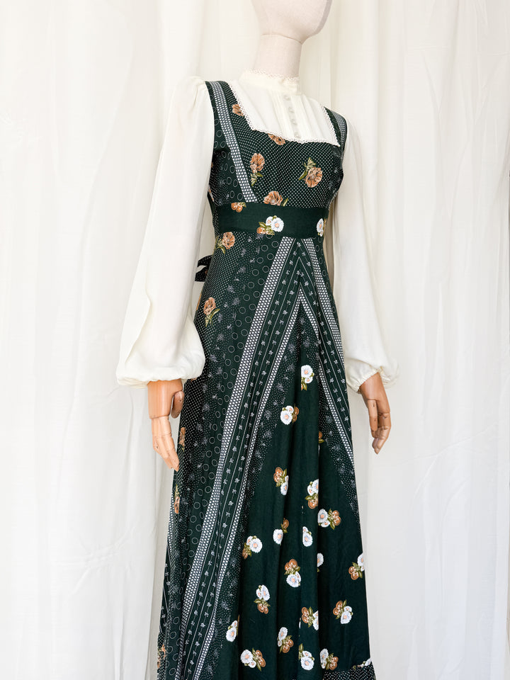 Stunning 1970s Green Floral Cotton Maxi Dress