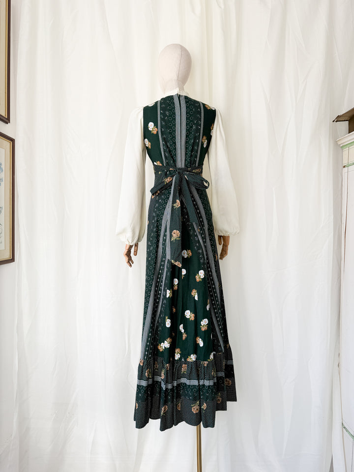 Stunning 1970s Green Floral Cotton Maxi Dress