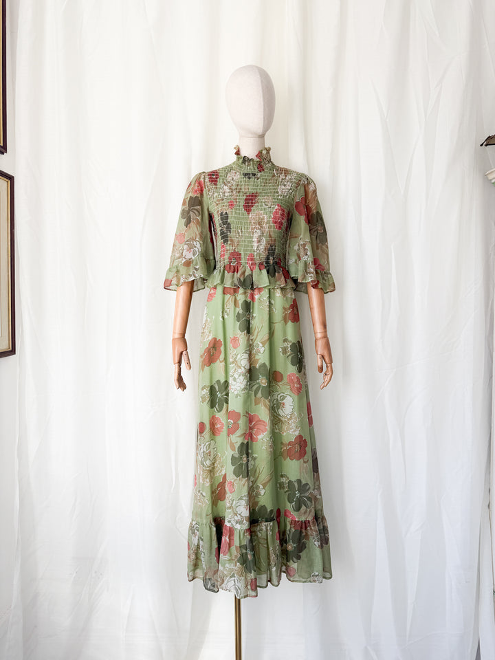 Divine 1970s Flutter Sleeve Shirred Floral Cotton Maxi Dress
