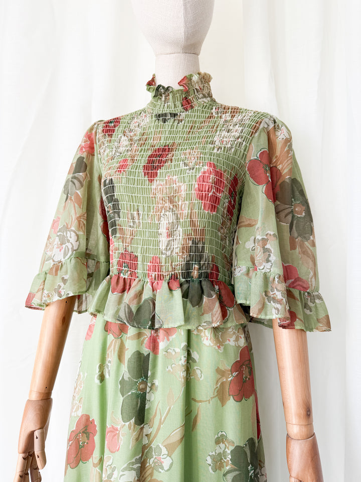 Divine 1970s Flutter Sleeve Shirred Floral Cotton Maxi Dress