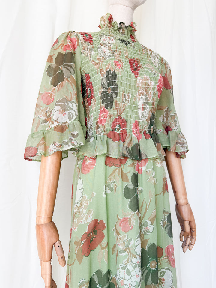 Divine 1970s Flutter Sleeve Shirred Floral Cotton Maxi Dress
