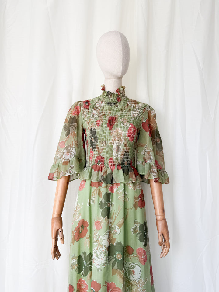 Divine 1970s Flutter Sleeve Shirred Floral Cotton Maxi Dress