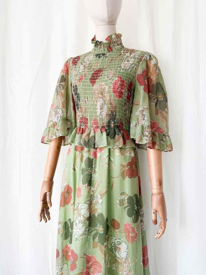 Divine 1970s Flutter Sleeve Shirred Floral Cotton Maxi Dress