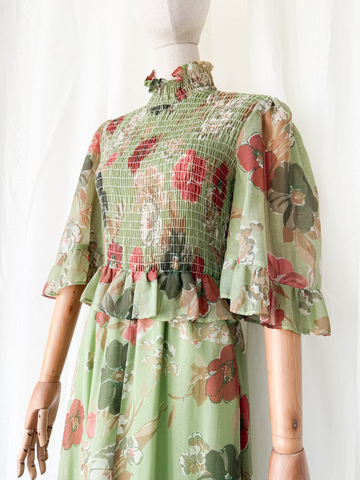 Divine 1970s Flutter Sleeve Shirred Floral Cotton Maxi Dress