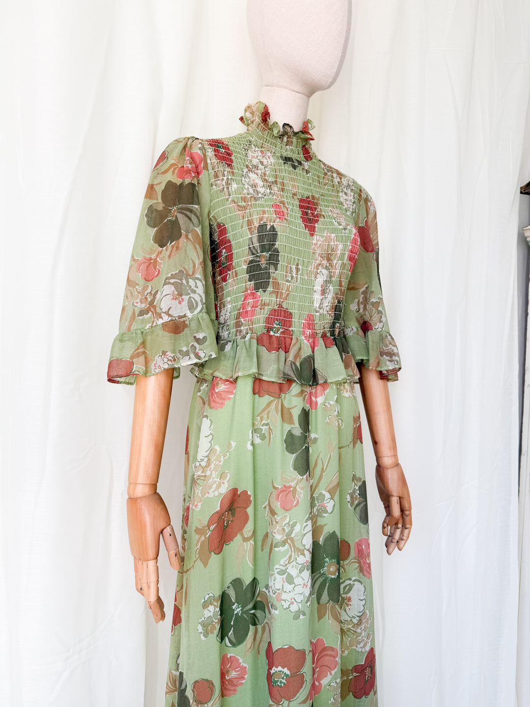 Divine 1970s Flutter Sleeve Shirred Floral Cotton Maxi Dress