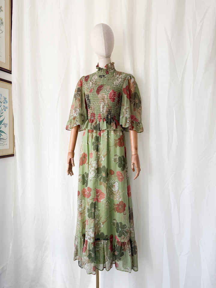 Divine 1970s Flutter Sleeve Shirred Floral Cotton Maxi Dress