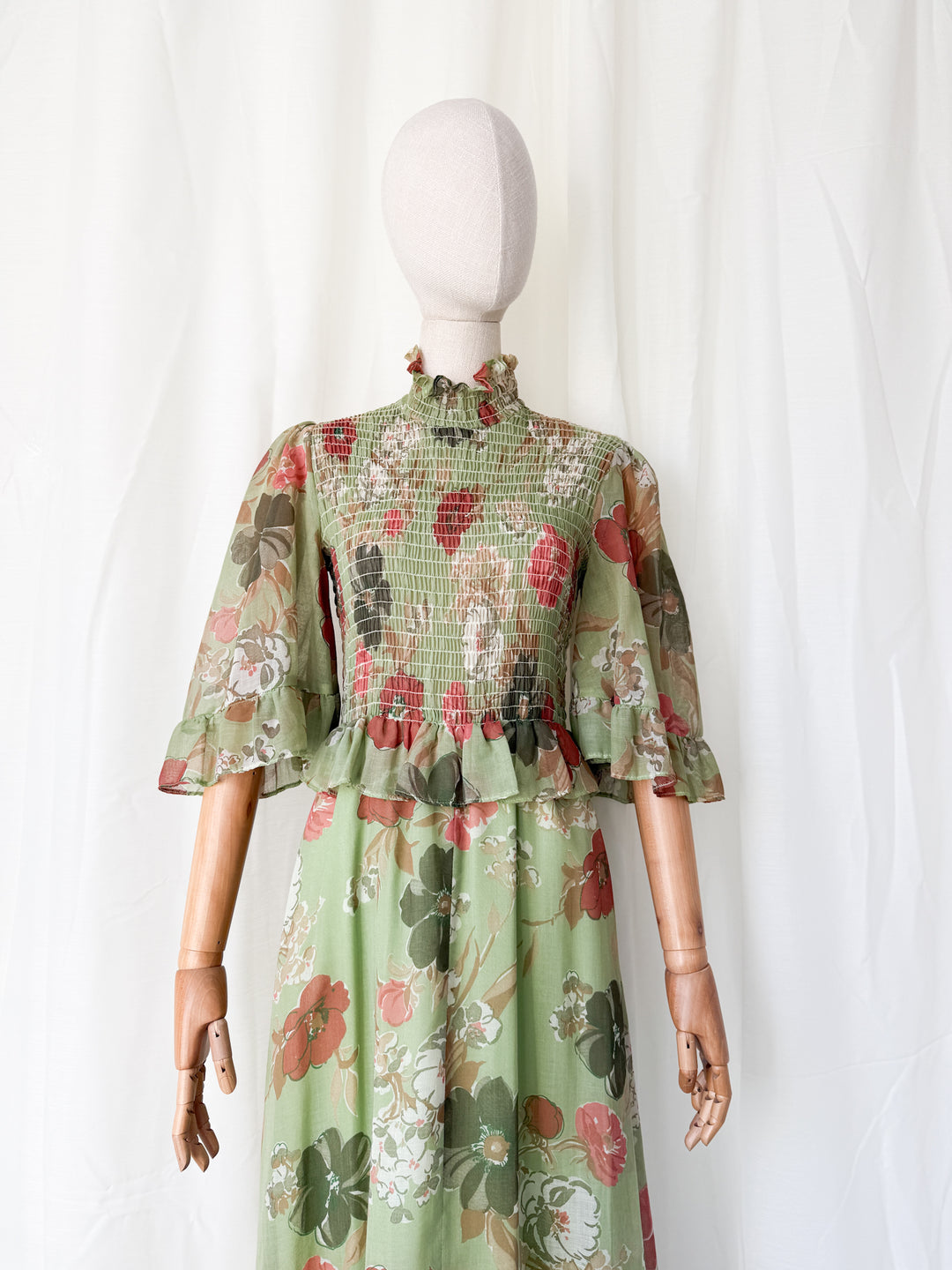 Divine 1970s Flutter Sleeve Shirred Floral Cotton Maxi Dress