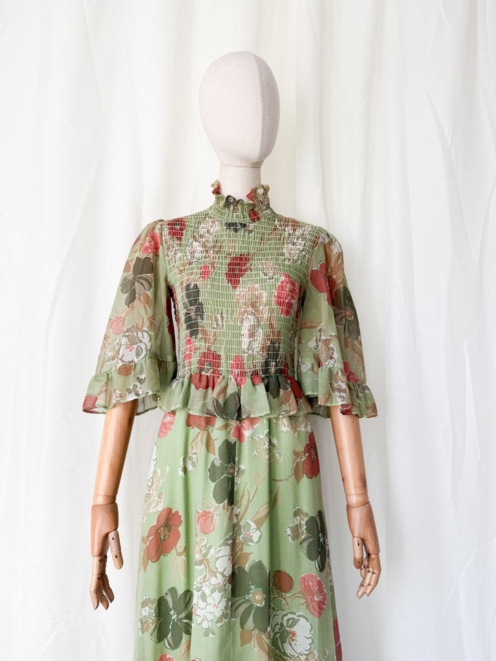 Divine 1970s Flutter Sleeve Shirred Floral Cotton Maxi Dress