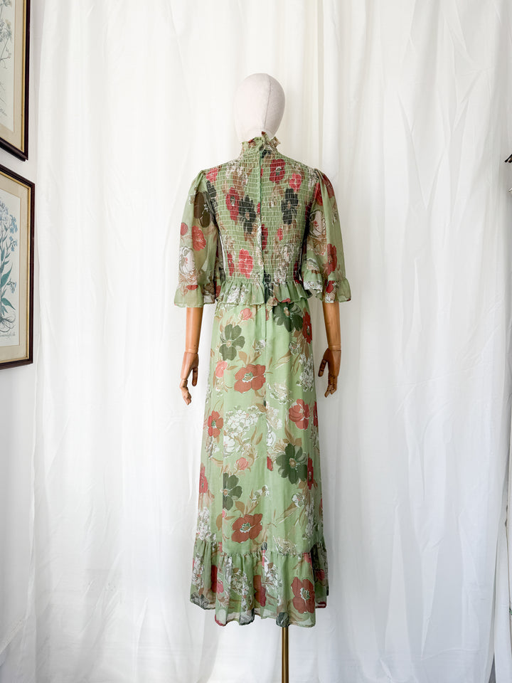 Divine 1970s Flutter Sleeve Shirred Floral Cotton Maxi Dress