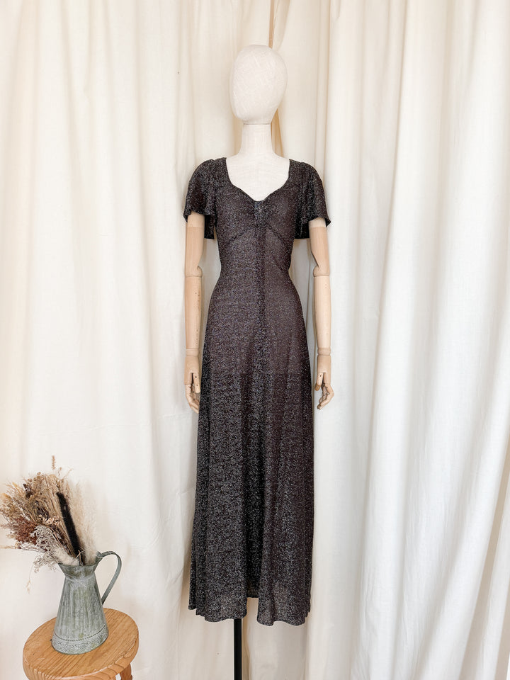 Insane 1970s Brown Lurex Maxi Dress