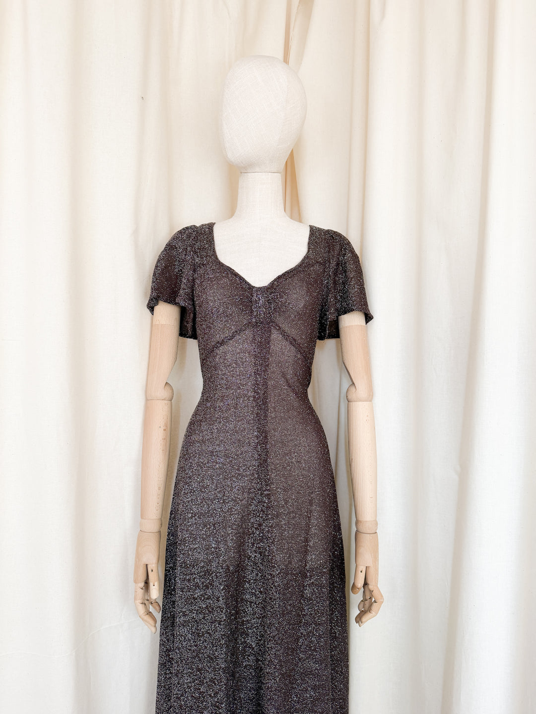 Insane 1970s Brown Lurex Maxi Dress