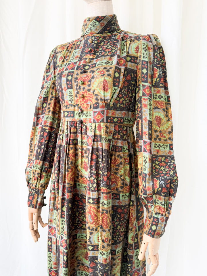 Insane 1970s Wool Cotton Blend Wallis Autumnal Midi Dress