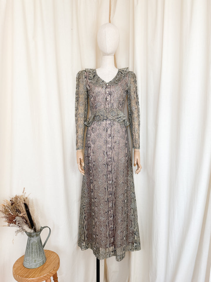 Incredible Rare 1970s Snakeskin Shimmer Lace Maxi Dress by Dollyrockers