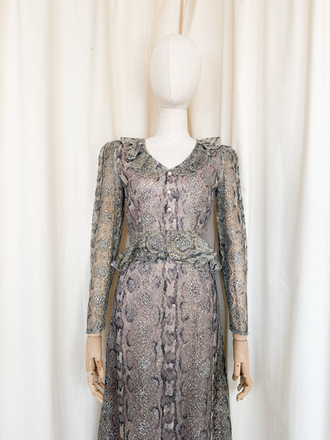 Incredible Rare 1970s Snakeskin Shimmer Lace Maxi Dress by Dollyrockers