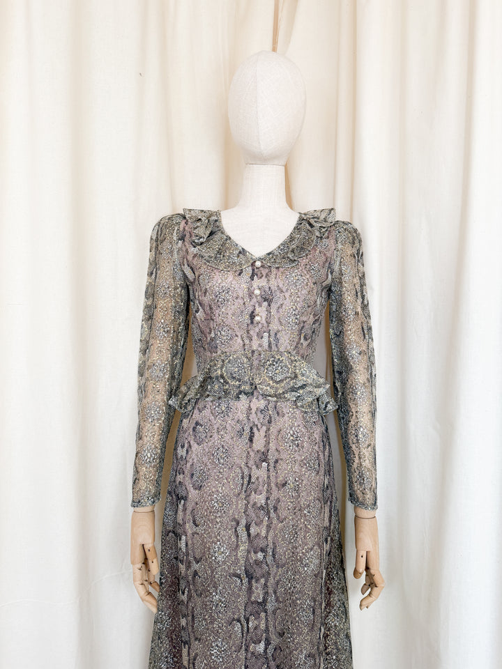 Incredible Rare 1970s Snakeskin Shimmer Lace Maxi Dress by Dollyrockers