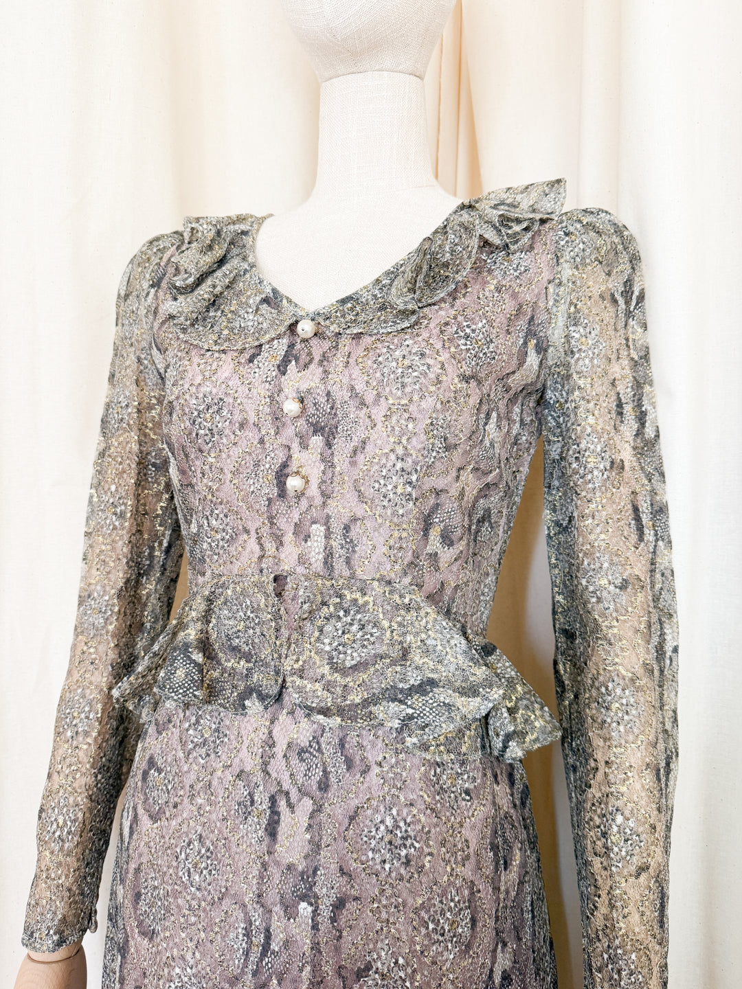 Incredible Rare 1970s Snakeskin Shimmer Lace Maxi Dress by Dollyrockers