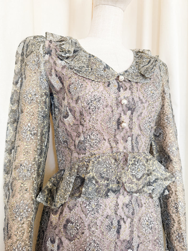 Incredible Rare 1970s Snakeskin Shimmer Lace Maxi Dress by Dollyrockers