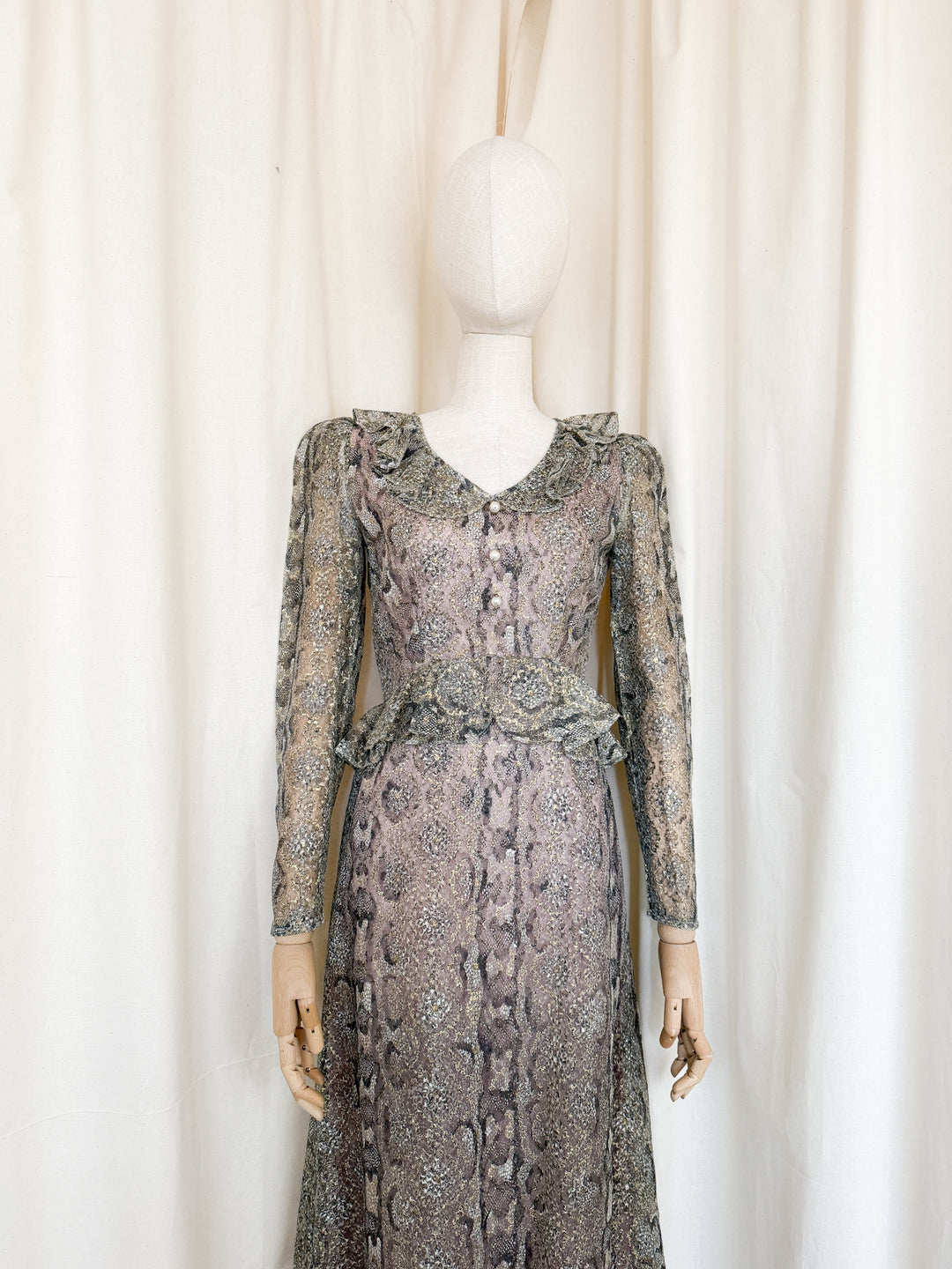 Incredible Rare 1970s Snakeskin Shimmer Lace Maxi Dress by Dollyrockers