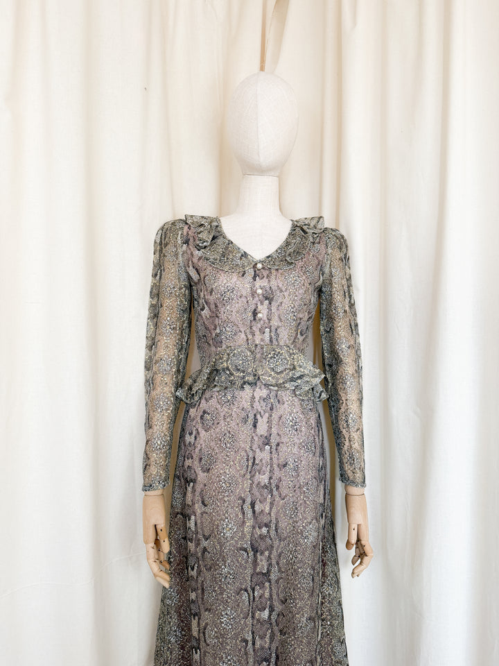 Incredible Rare 1970s Snakeskin Shimmer Lace Maxi Dress by Dollyrockers