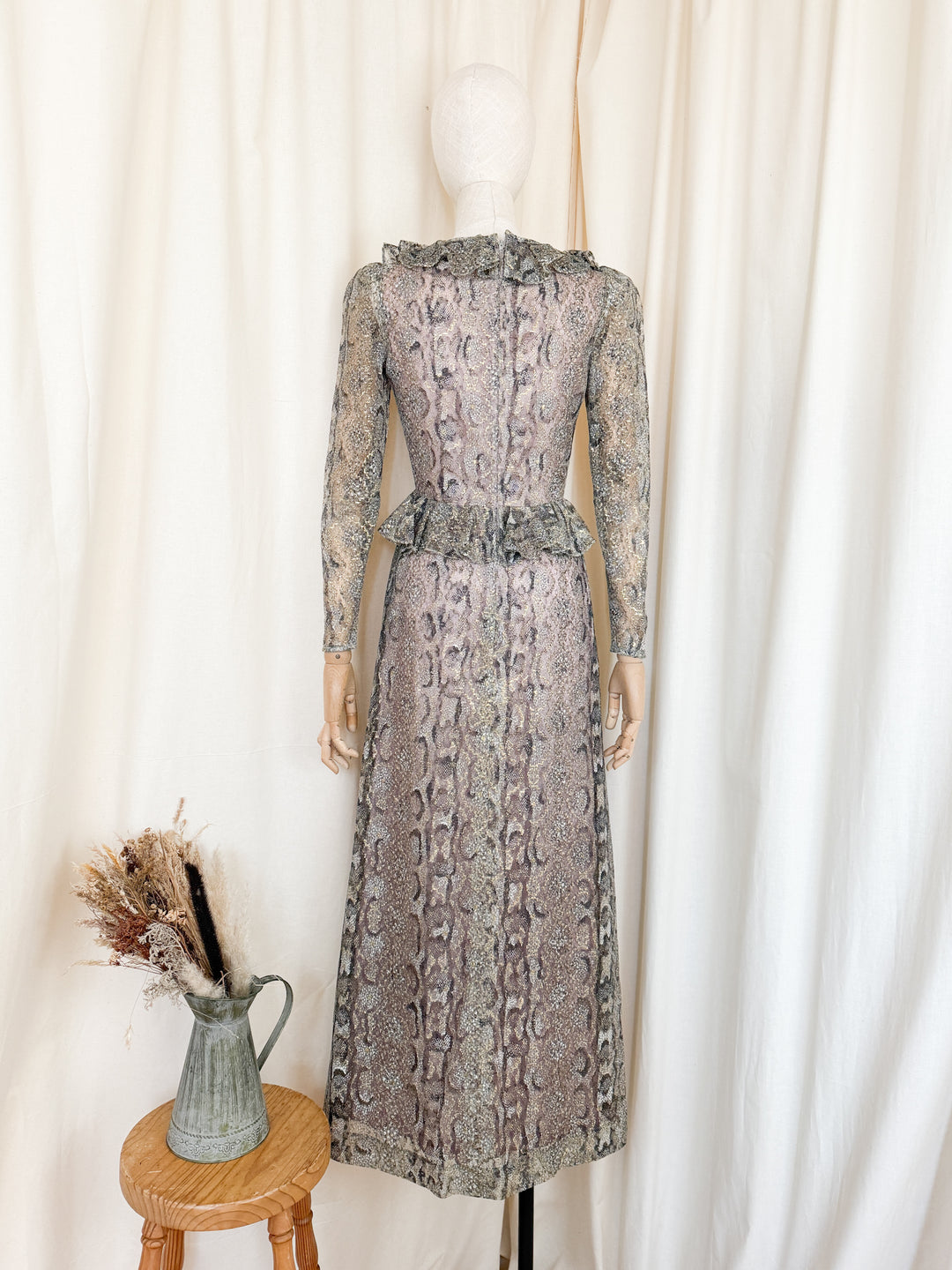 Incredible Rare 1970s Snakeskin Shimmer Lace Maxi Dress by Dollyrockers