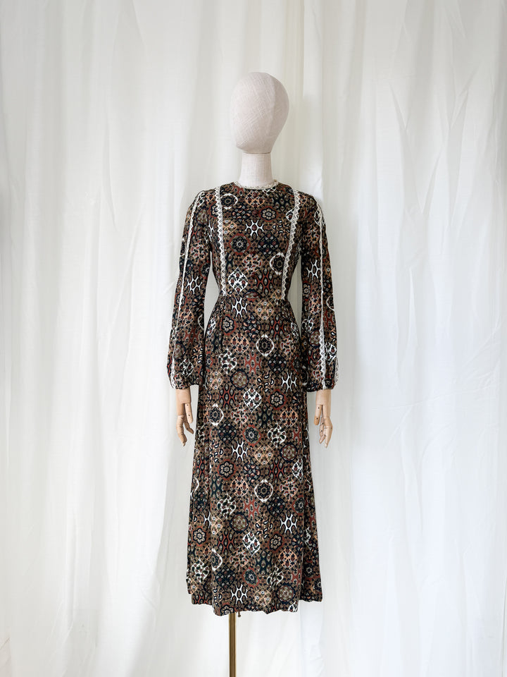 Beautiful Brown 1970s Wool Crepe Autumnal Maxi Dress