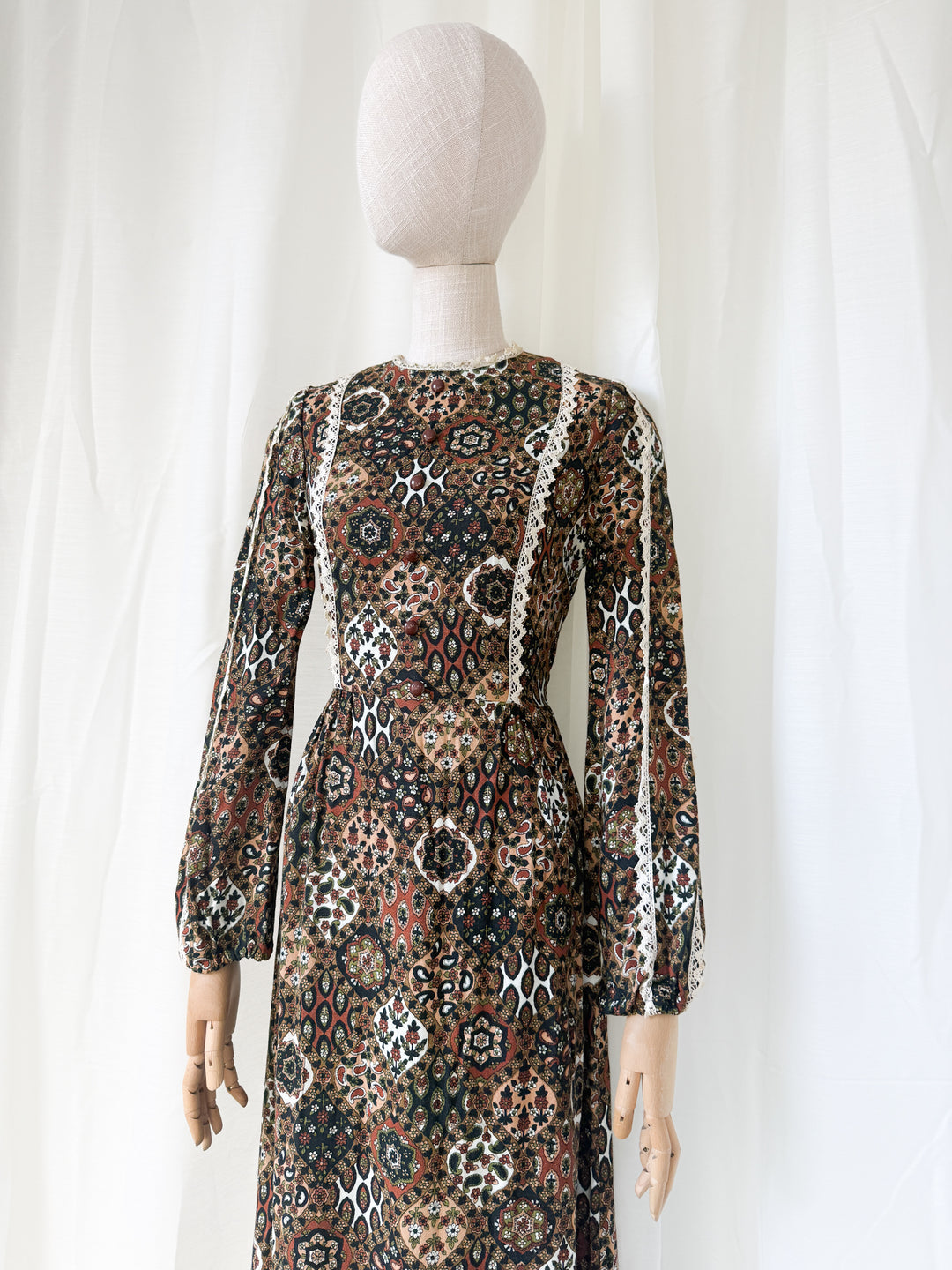 Beautiful Brown 1970s Wool Crepe Autumnal Maxi Dress