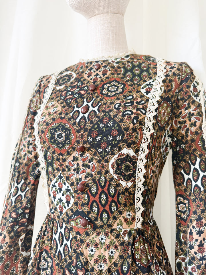 Beautiful Brown 1970s Wool Crepe Autumnal Maxi Dress