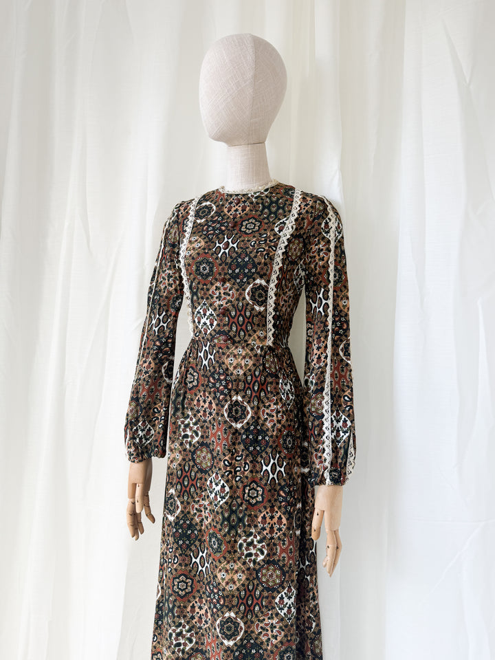 Beautiful Brown 1970s Wool Crepe Autumnal Maxi Dress