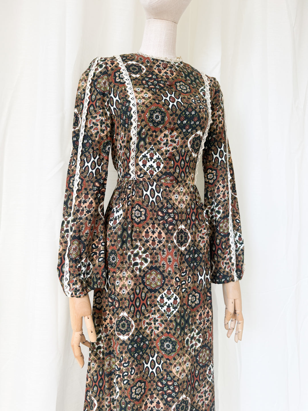 Beautiful Brown 1970s Wool Crepe Autumnal Maxi Dress