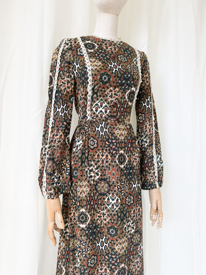 Beautiful Brown 1970s Wool Crepe Autumnal Maxi Dress