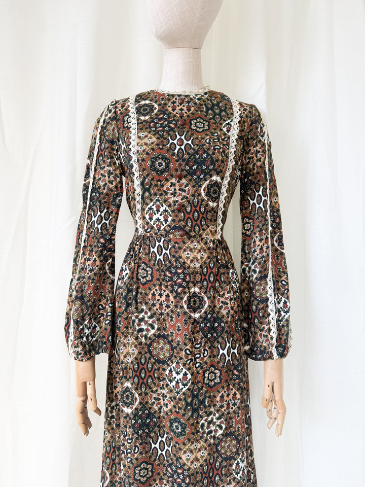 Beautiful Brown 1970s Wool Crepe Autumnal Maxi Dress