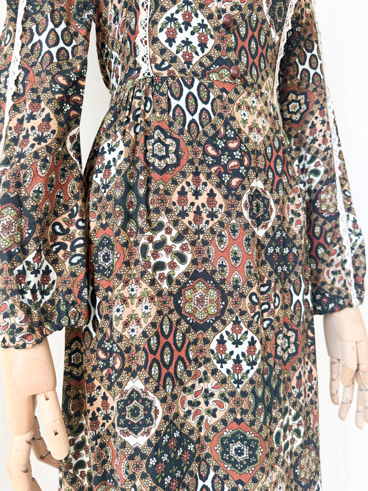 Beautiful Brown 1970s Wool Crepe Autumnal Maxi Dress