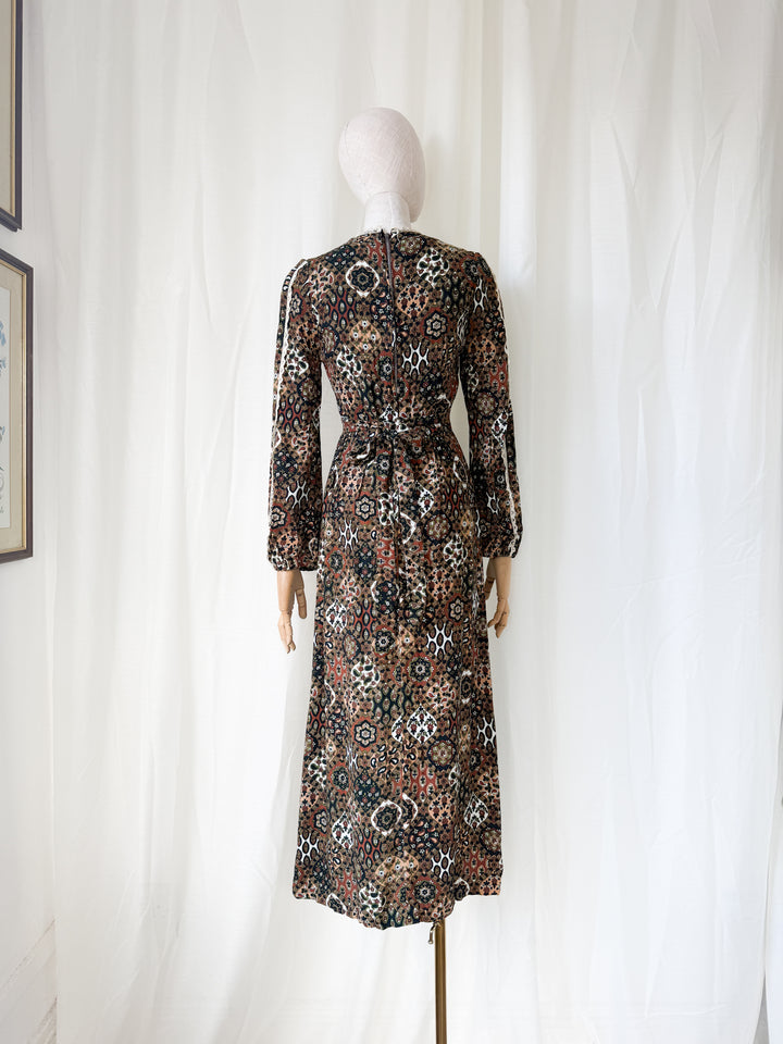 Beautiful Brown 1970s Wool Crepe Autumnal Maxi Dress