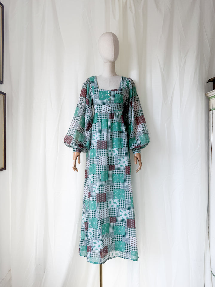 Gorgeous 1970s Billowing Sleeve Patchwork Print Cotton Maxi Dress