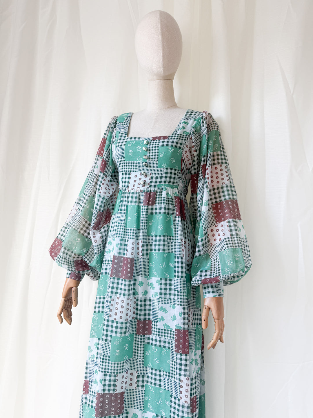 Gorgeous 1970s Billowing Sleeve Patchwork Print Cotton Maxi Dress