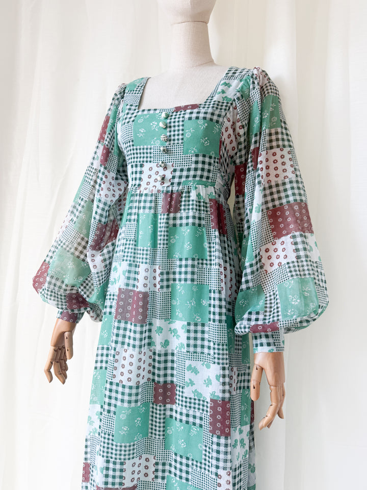 Gorgeous 1970s Billowing Sleeve Patchwork Print Cotton Maxi Dress