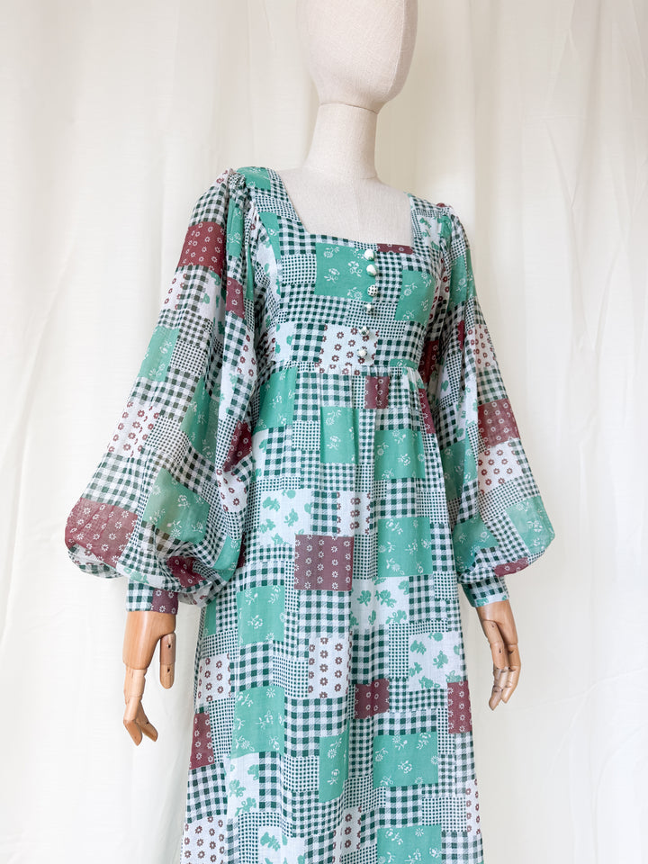Gorgeous 1970s Billowing Sleeve Patchwork Print Cotton Maxi Dress