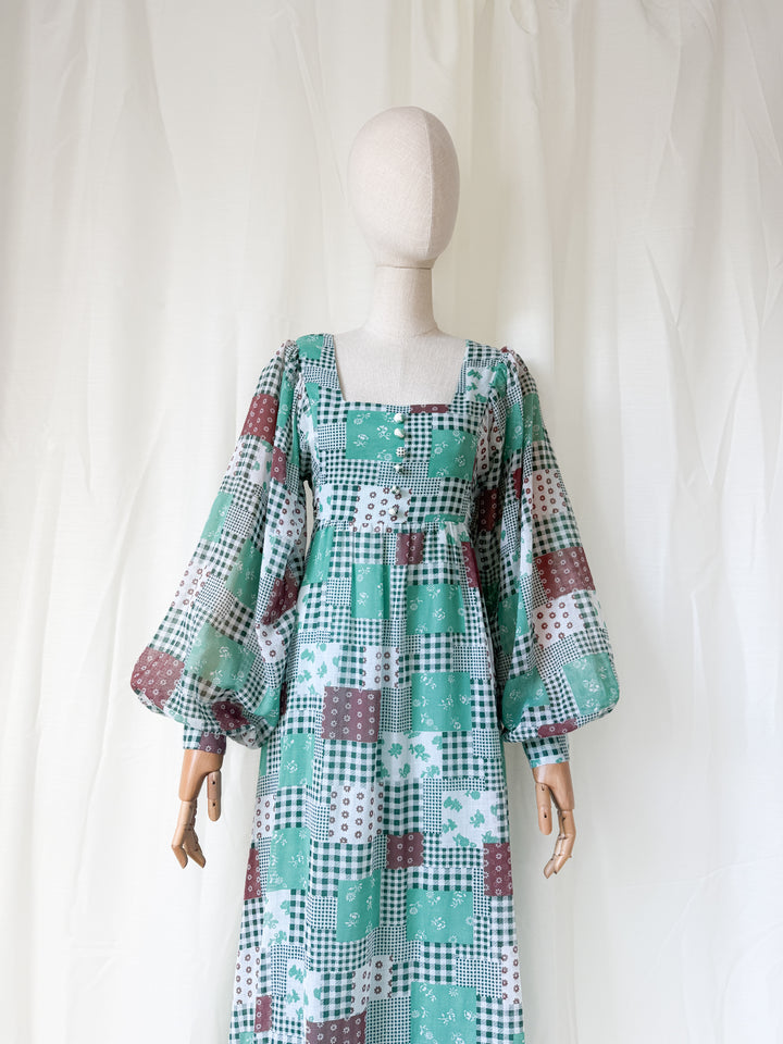 Gorgeous 1970s Billowing Sleeve Patchwork Print Cotton Maxi Dress